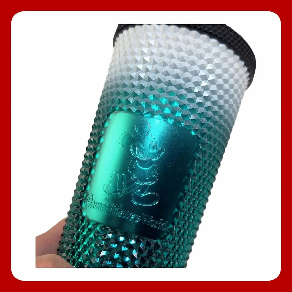 Disney Starbucks Mickey Mouse Teal Ombre Studded Cold Cup Tumbler 24oz EUC
